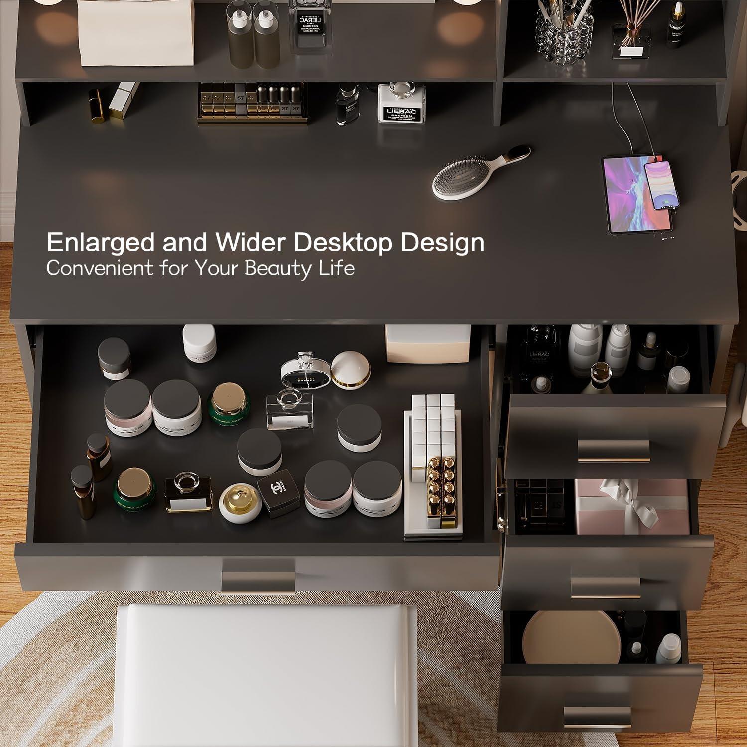 FURMAX Vanity Desk with Lights and Mirror Makeup Vanity Table Set with Drawer and Power Outlet