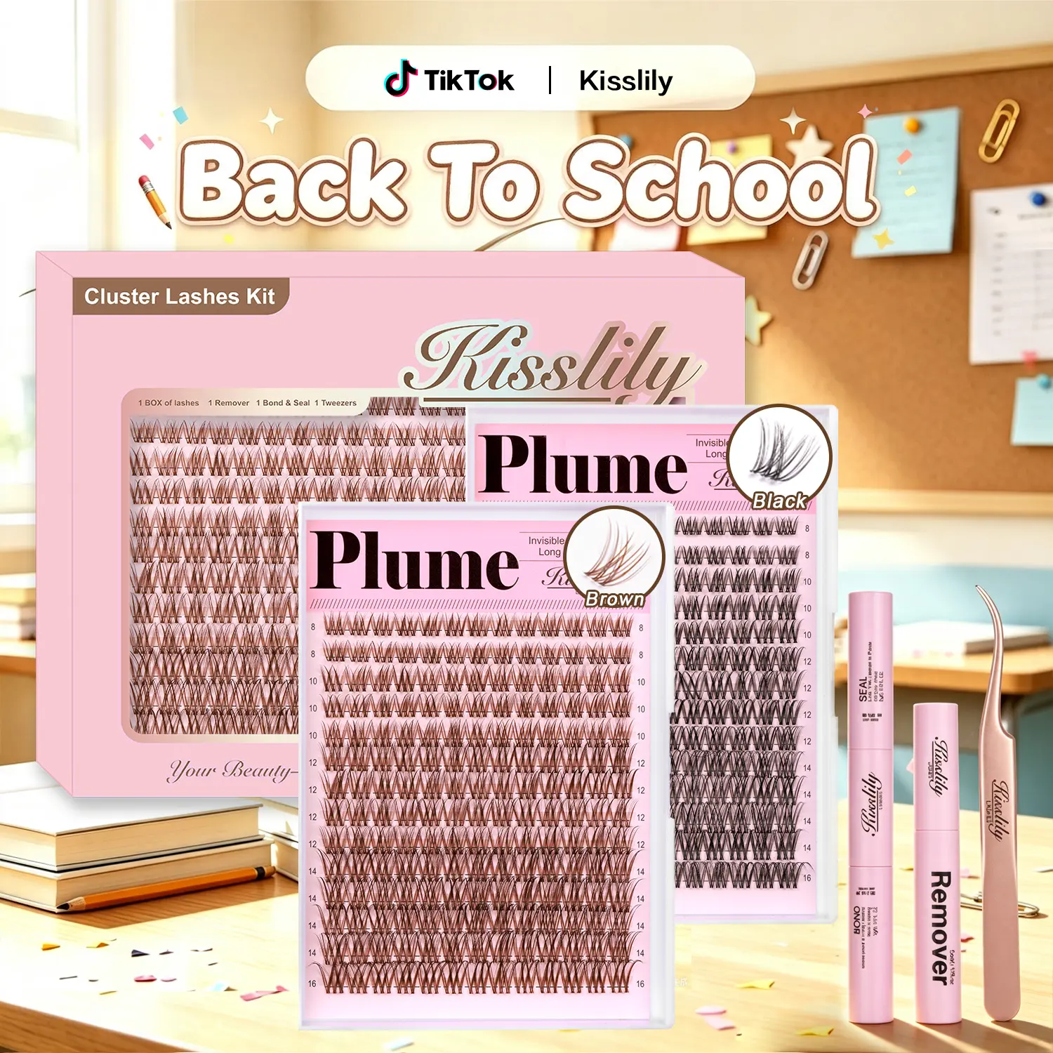Plume | Kisslily Brown Lash Clusters Invisible Band Natural Lash Extension Kit with Bond & Seal Mascara Look DIY Lashes 8-16mm C Curl D Curl Long Lasting Beginner Friendly #tiktokshopbacktoschool