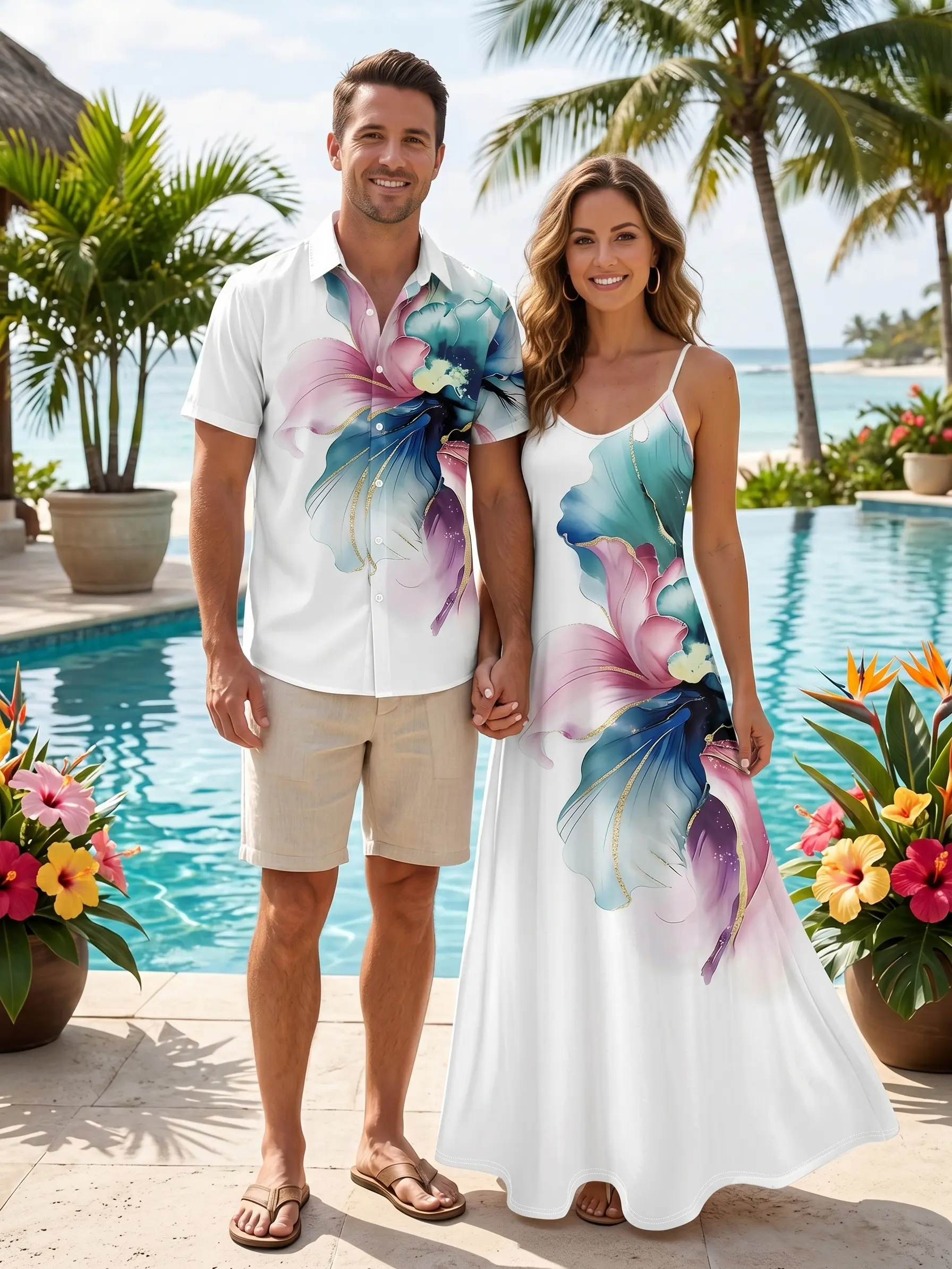 Vacation Couple Outfit Watercolor Floral Print With Gold Foil Accents Spaghetti Strap Long Maxi Dress With Pockets and Shirt Set