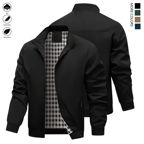 Men's Fitted Plain Preppy Casual Jacket - Mens Clothing, Spring & Autumn College Trend Outerwear, Party Sports Top Layer