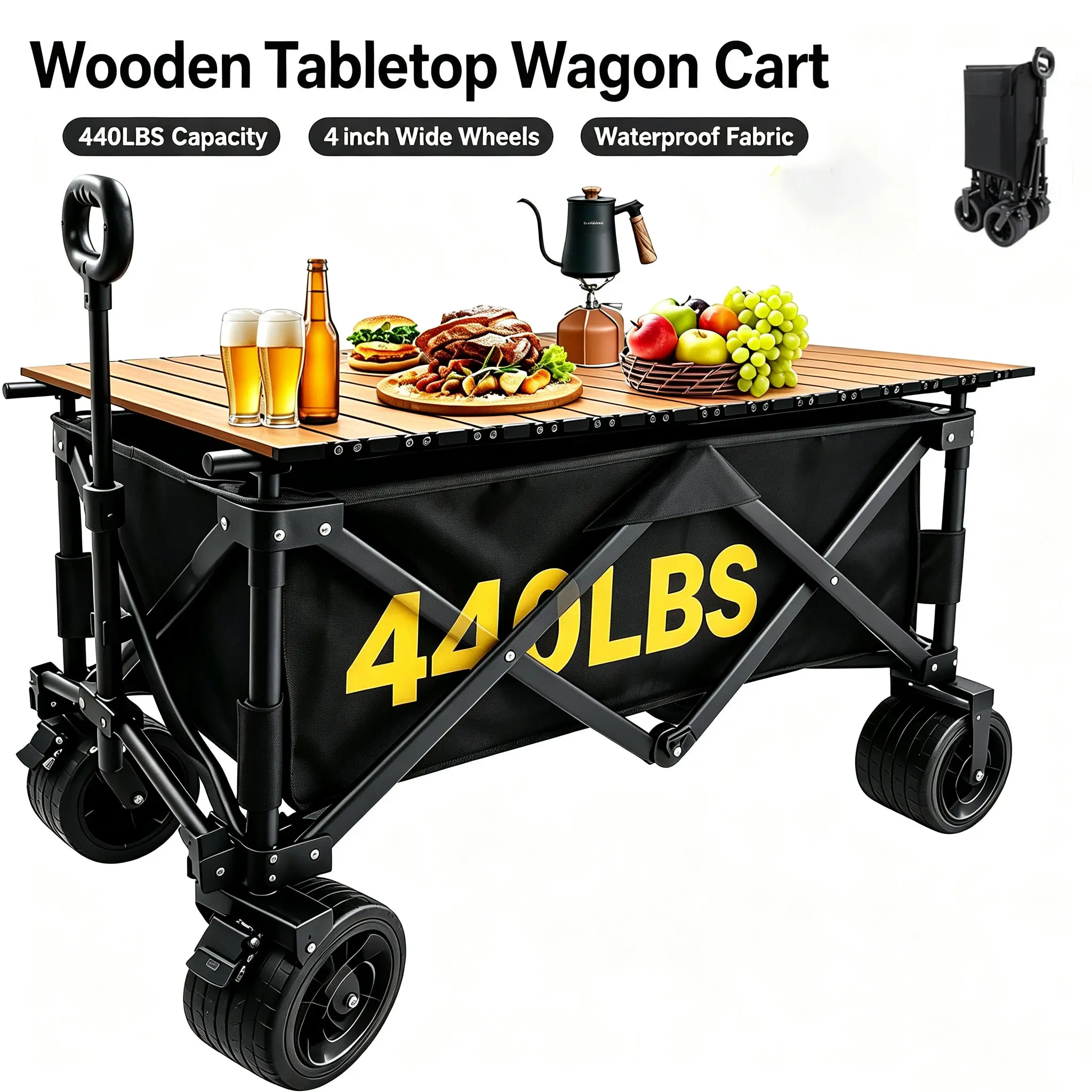 Multi Purpose Foldable Storage Wagon Cart, Unique Rear Tailgate & Liftable Wooden Tabletop, 440LBS Large Capacity Utility Cart with Wide All Terrain Wheels for Outdoor Beach Trips & Family Picnic Camping
