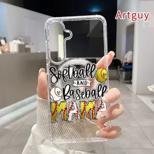 Softball Baseball Mama Pattern Magnetic Phone Case for Samsung Galaxy S26 Edge S23 Ultra S24 Plus FE S25 S22+ Non-Yellowing Clear Crystal Drop-proof Slim Silicone Shockproof Transparent Acrylic Large Hole Cover Supports Wireless Charging