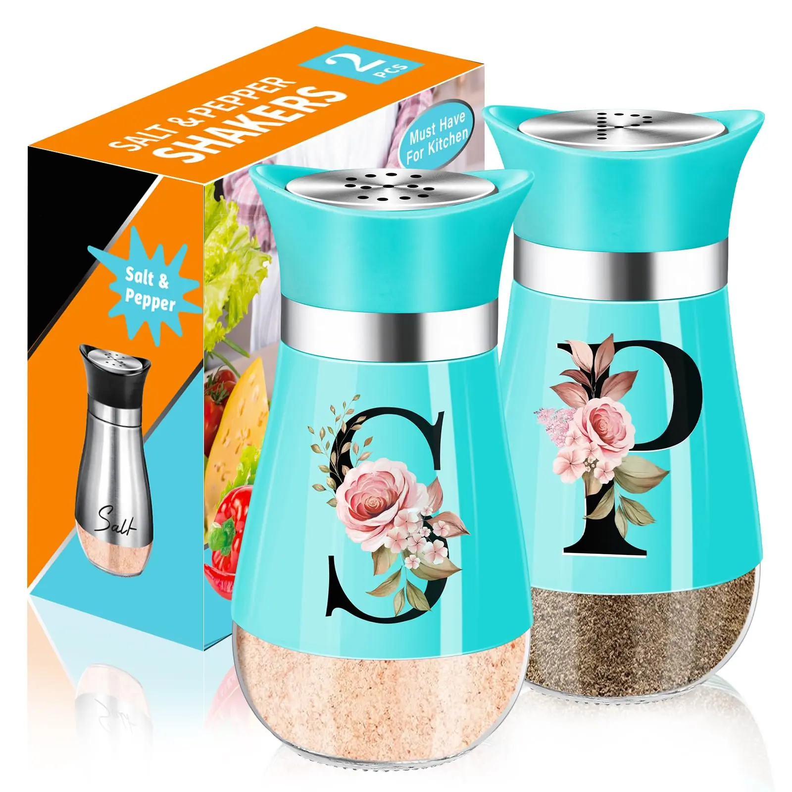 Salt And Pepper Shakers Set  4 Oz Teal Kitchen Accessories Decor Stainless Steel & Glass Spice Dispenser Classic Refillable Design Farmhouse Cute Decoration (blue)