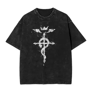 valentine shirts Fullmetal Alchemist Red Logo Men's T Shirt Washed Japanese Anime Novelty 1Tees Short Sleeve Round Neck T-Shirts Cotton Clothing