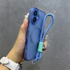 Magnetic Dopamine Sand Texture Shockproof Protection Phone Case + Wrist Strap for Apple iPhone 17/16/15/14/13/12/11 Pro Max Plus, Men Women Couple Cover