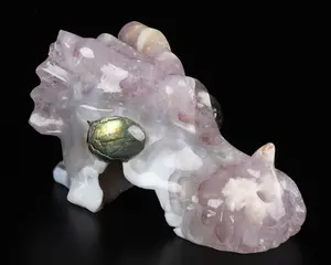 GEODE Huge 5.0" Sakura Agate Carved Crystal Skull, Labradorite Eyes