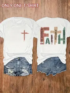 Women's Cross & Letter Print Round Neck Tee, Casual Short Sleeve Crew Neck T-shirt for Daily Wear, Ladies Clothes for All Seasons