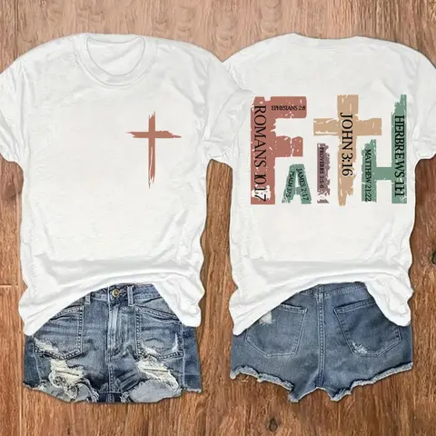 Women's Cross & Letter Print Round Neck Tee, Casual Short Sleeve Crew Neck T-shirt for Daily Wear, Ladies Clothes for All Seasons, Graphic Shirt