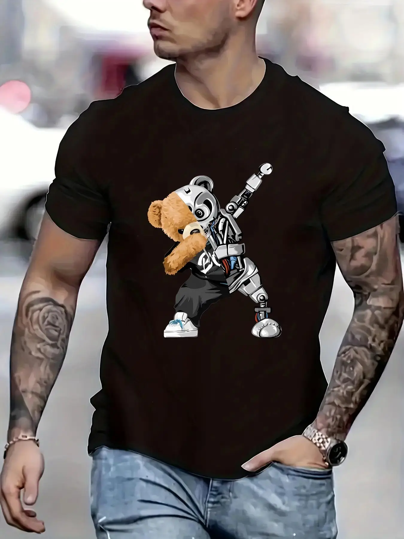 Men's Cartoon Bear Print Round Neck Tee, Regular Fit Casual Short Sleeve T-shirt, Graphic Tees, Streetwear, Men's T Shirts, Summer Outfits 2024, Men's