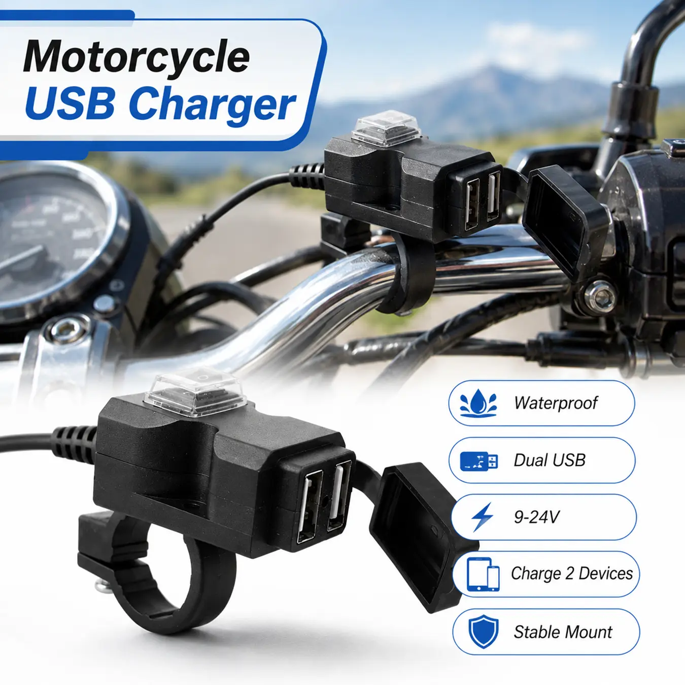 Motorcycle USB Phone Charger, Motorcycle Accessory, 9-24V Dual USB Port Motorcycle Waterproof Handlebar Adapter Phone Power Outlet, Stable Performance, 2 compatible devices in the same time, Motorcycle, Bicycle accessories, Adapter for Phone, Tablet, GPS