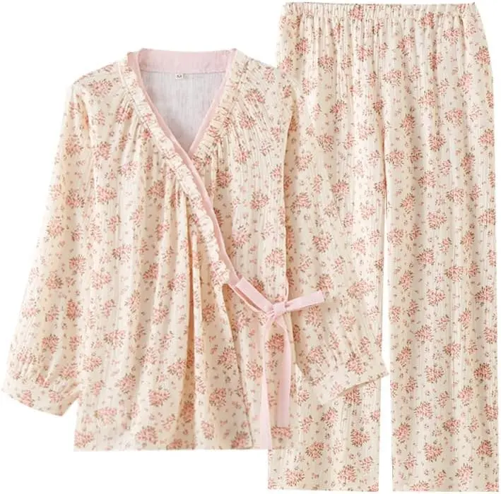 Women's Floral Print Pajama Set - 2-Piece 100% Cotton Kimono Loungewear with Wrap Top, Drawstring Pants, Soft, Lightweight, Elegant, Adjustable Comfy Fit, Feminine