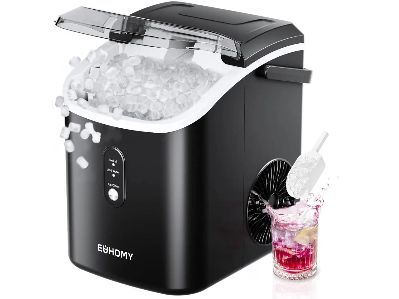 EUHOMY Nugget Ice Maker Countertop with Handle, Ready in 6 Mins, 34lbs Per Day, Removable Top Cover, Auto-Cleaning, Portable Sonic Ice Maker with Basket and Scoop, for Home/Party/RV/Camping (Black)