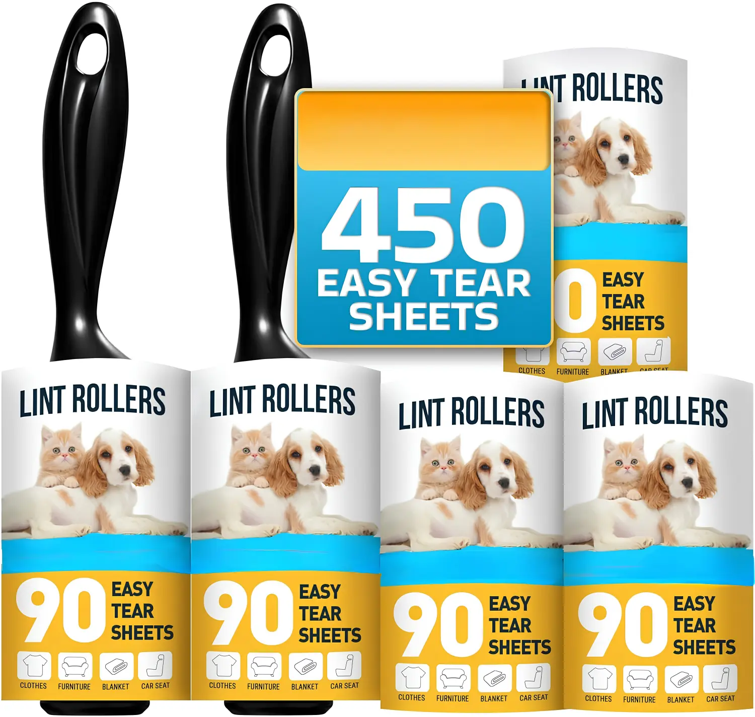 5-Pack Large Sticky Lint Rollers for Pet Hair, Dog & Cat Fur Remover for Clothes, Couch, Furniture and Carpet – White