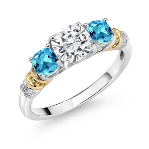 Gem Stone King 925 Silver and 10K Yellow Gold White Moissanite and Swiss Blue Topaz and Diamond 3-Stone Ring For Women (1.85 Cttw, Gemstone Birthstone, Cushion 6MM and 4MM)
