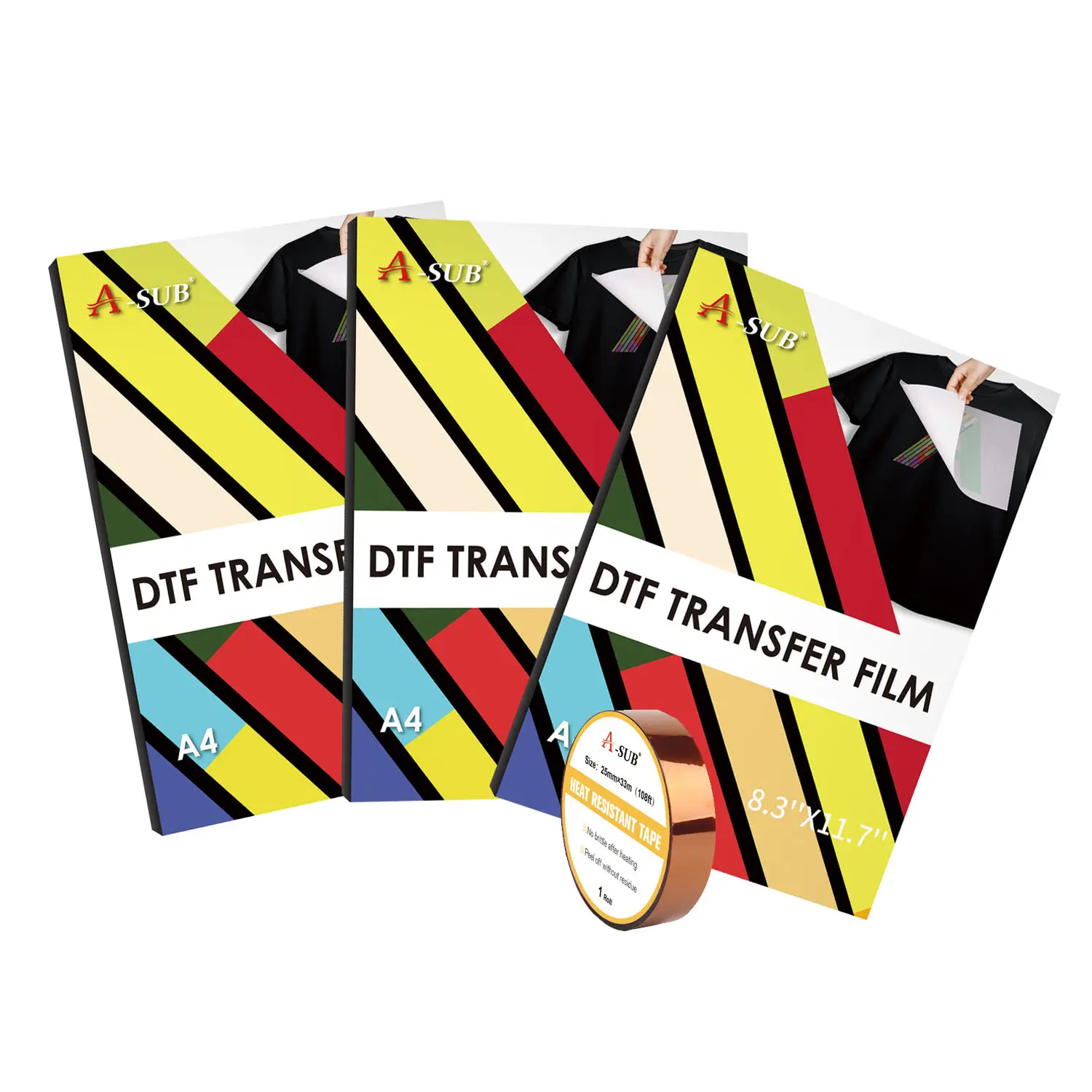 A-SUB DTF Transfer Film - 3 Packs of A4 Sheets, 90 Sheets Total+Tape, DIY Craft Paper