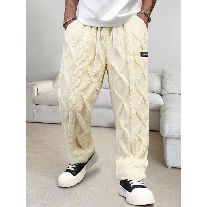 Men's Heavyweight Winter Trousers - Thickened Durable Non-Stretch, Elastic Drawstring Waist + Geometric Pattern, Cold-Weather Everyday/Outdoor Pants