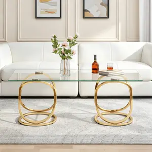 31.5'' Modern Rectangle Glass Coffee Table with Gold Ring-Shaped Metal Frame, Clear Tempered Glass Top Center Table for Living Room, Bedroom, Office - Luxury Gold Accent Table