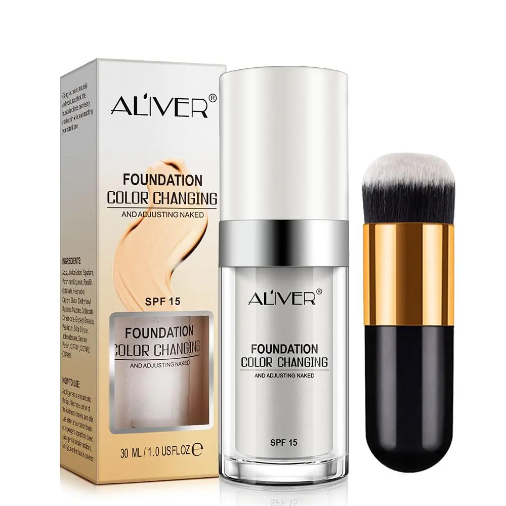 Aliver 30ML Color-Changing Foundation Set, Waterproof & Sweatproof Makeup Brush Kit, Long-Lasting Daily Moisturizing Hydrating Natural Finish Bb Cream