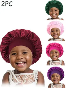 2-Pack Ultra-Wide Elastic Satin Sleep Caps, Sleeping Bonnet for Kids, Smooth Hair Protection, Natural Curl Care, Large Stretchy Satin Nightcap