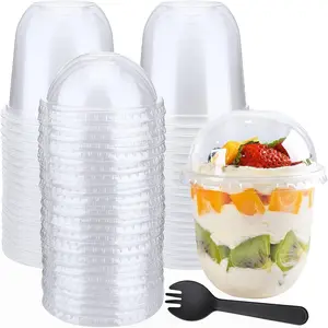 100 Sets 12 oz Clear Plastic Dessert Cups with Dome Lids (No Hole) and Sporks Disposable Parfait Yogurt Ice Cream Dessert Cups for Fruit Pudding Cake Drinking, Spill and Leakproof