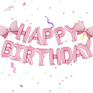 16 Inch Pink Happy Birthday Balloons Letters Banner & 2PCS Mini Bow Balloons for Girl Birthday Party Decorations, Foil Mylar Happy Birthday Balloon, Pink Theme Birthday Party Decorations