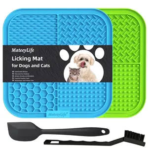 Mateeylife 2PCS Lick Mat with Suction Cups for Dogs and Cats, 7.9'' × 7.9'' Food Grade Silicone Licking Mat with Spatula and Brush, Blue&Green MateeyLife