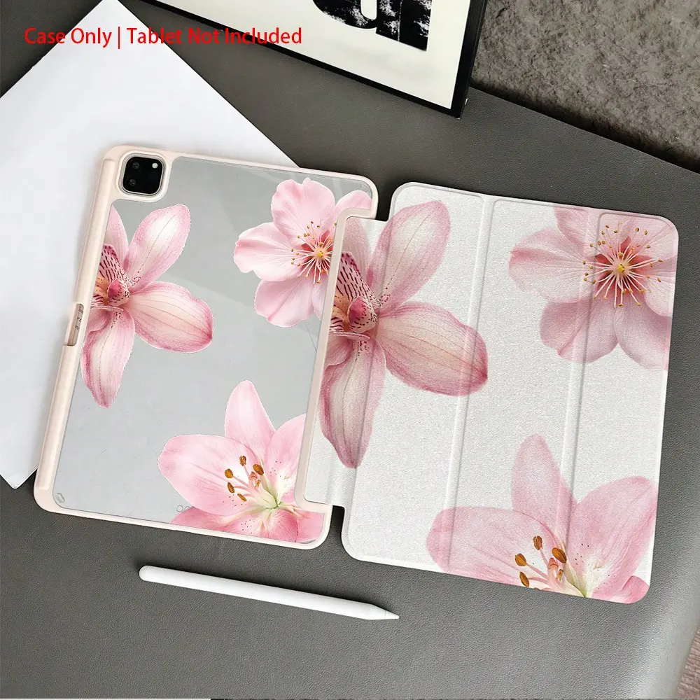 1pc Pink Orchid & Cherry Blossom Print Transparent Back With Pen Slot Tablet Protective Case, Suitable For IPad 10.9/10.2/Air 5/Pro11/10/9.7/Air 2/(7th)/(8th)/Air 4/5/Pro 11/10, 10.9 Inch 2022 Smart Protective Cover/Air 13(M3 2025)/Air 11(M3 2025)