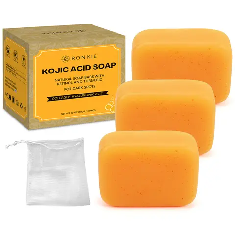 Kojic Acid Dark Spot Remover Foaming Cleanser Turmeric Bar Soap Set (3 Bars) for Adults - Vitamin C, Retinol, Collagen, Avocado, Hyaluronic Acid - Cleansing, Hydrating, Nourishing, Moisture-Restoring Acne Treatment & Daily Care