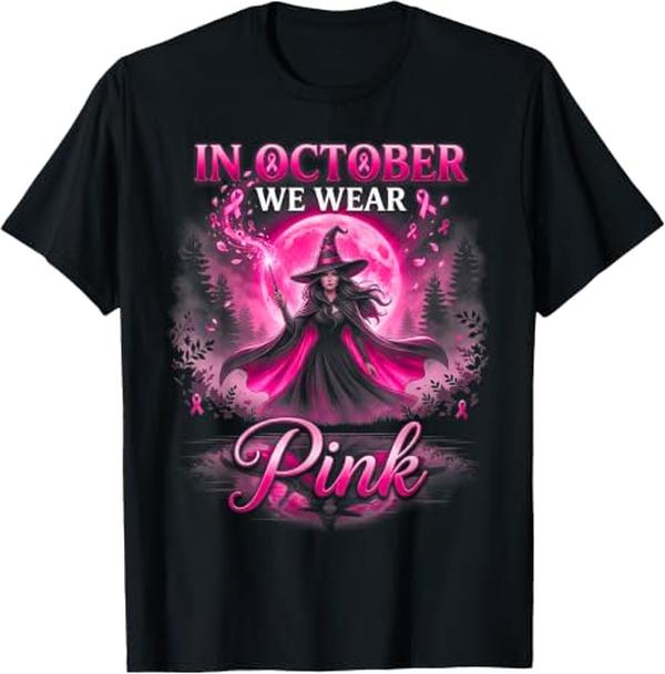 Men's Casual Round Neck Short-Sleeve Graphic Tee Top - October Pink Ribbon Witch Halloween Breast Cancer Awareness Menswear Tshirt, Awareness Tee