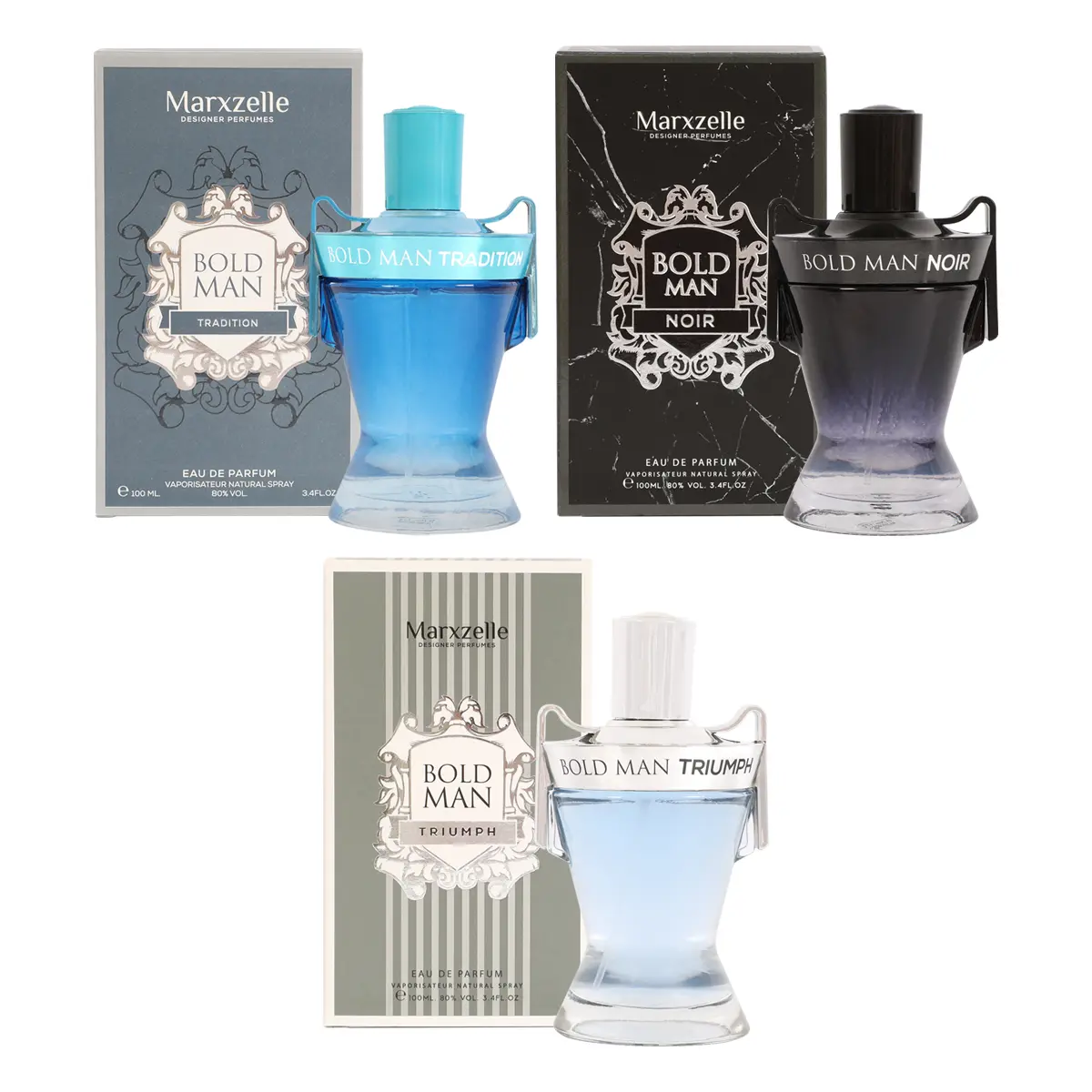 Bundle of Bold Man Tradition, Bold Man Noir  Fragrance and Bold Man Triumph for Men Eau de Parfum 100ml Marxzelle Designer Perfumes