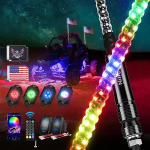 Nilight 2Pcs 3FT Spiral Antenna Bluetooth Remote App Control Led Whip Light | 4Pcs RGB Rock Lights | Wire 5Pin Switch Kits