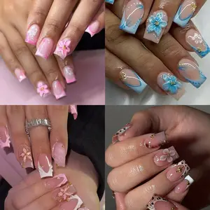 96pcs Medium-Length Square Tip Nails, High Transparency, 3D Gel Flowers, French Floral, Wave, Leopard, Gold Accents, Easy Wear, Versatile Design