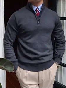 Men's Half-Zip Stand Collar Long Sleeve Winter Sweater, Fitted Plain Knit Top, Casual Warm Pullover for Cold Weather, Formal & Daily Wear, Business Casual