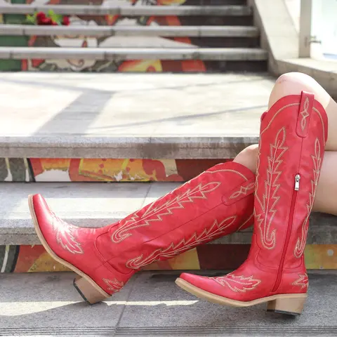 Cowboy Boots for Women - Knee High Embroidered Western Cowgirl Boots, Pointed Toe Chunky Heel Retro Boots, Pull On Zipper Vintage, Halloween Gifts, Botas summervibes,,shoes for back to school,back to school shoes