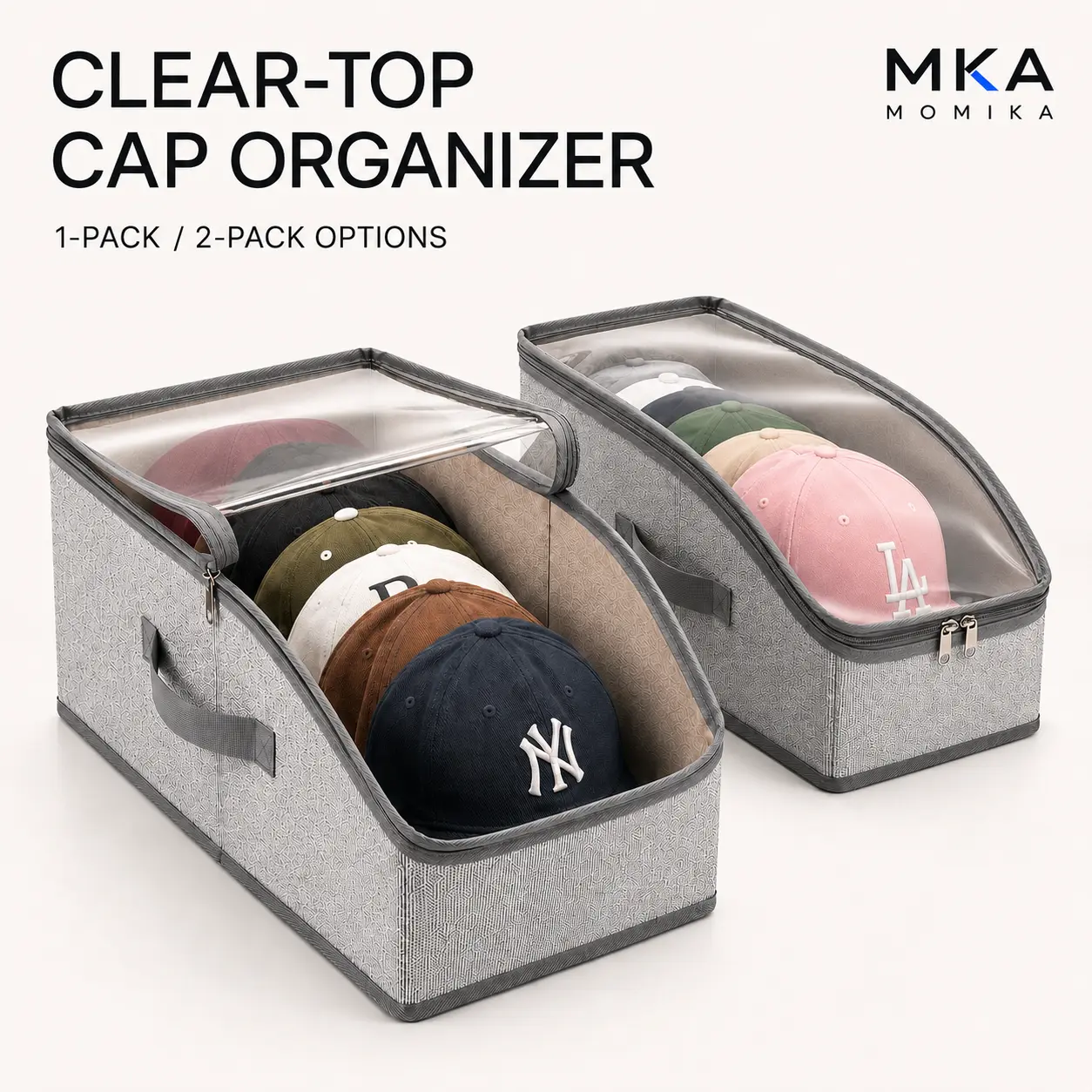 Baseball Cap Display Case & Modern Zip Top Storage Box - Clear-View Dustproof Rectangle Container with Lid, Foldable Home Organizer Holds 15 Hats, Compatible with Shelves & Closets