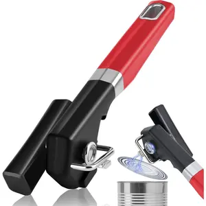2 in 1 Safety Can Opener Manual Smooth Edge & Bottle Opener, No-Trouble-Lid-Lift Manual Can Opener with , Large Rubber Handle & Stainless Steel , Side Cut Hand Can Opener for Kitchen (Red)