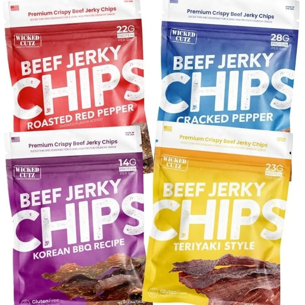 Wicked Cutz Jerky Chips Variety Pack, Up to 28g Protein Per Bag, Cracked Pepper, Teriyaki, Roasted Red Pepper, & Korean BBQ Flavored Beef Jerky Crisps, USA Made High Protein Carnivore Snacks (4 Bags)