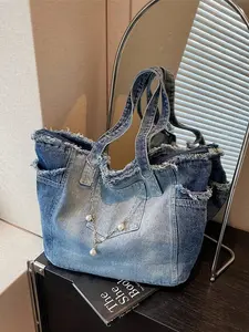 New Fashion Street-Style Chain-Decorated Denim Tote Bag - Multi-Functional Commuter Large-Capacity Frayed-Edge Shoulder Bag with Pearl Necklace Charm, Casual Multi-Pocket Handbag, Perfect for Denim Girl Aesthetic
