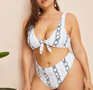 Plus Size Snake Print Tie-Front Bikini Set