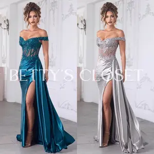 Daniela Off Shoulder Side Gathering Embroidered Prom Gown w/ Lace Up Back