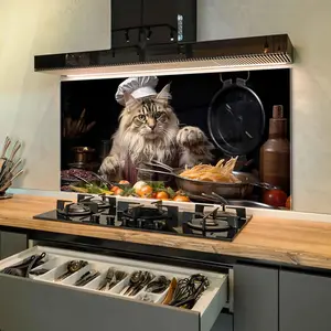 GCKG A cat that is a chef or cook cooking vegetables in a kitchen Tempered Glass Kitchen Backsplash, Stove Back Cover, Stove Splashback, Cutting Board, Kitchen Wall Decor
