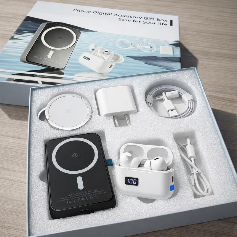 6-in-1 Wireless Charging Accessories Set with Magnetic Power Bank, Charger, Earbuds and Cables