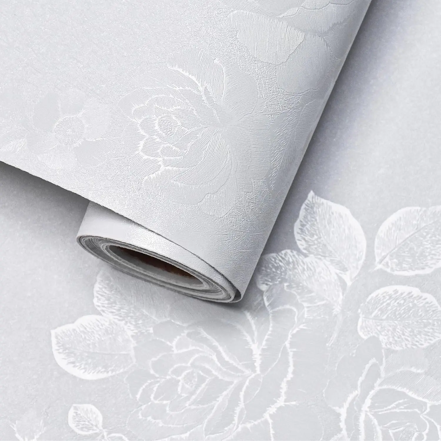 Floral Wallpaper, White Silk Embossed Self-Adhesive Thick Textured Vinyl Contact Paper, 118inL x 17.7inW, for Cabinets, Furniture, Shelves & Bedroom Home Improvement