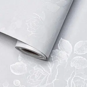 White Wallpaper Silk Embossed Floral White Contact Paper for Cabinets Furniture 118inL 17.7inW Textured Thicken Self Adhesive Wallpaper for Bedroom Flower Solid Contact Paper Vinyl Shelf Liner