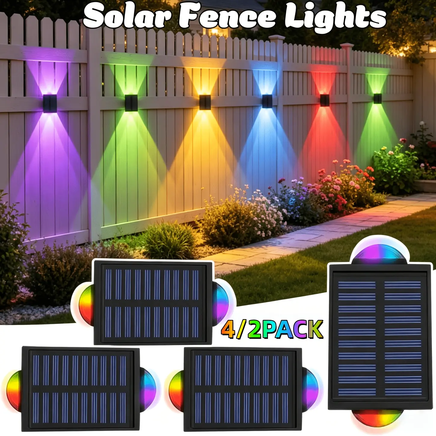 Solar Outdoor Lights Set Pack, 4/2-Piece Durable Dual-Head IP44 Waterproof Wall Lights, Dual-Side Glow Upper-Lower Lighting, Warm White & 9 RGB Color Modes, Auto Night-On, Easy Installation for Decking, Patio