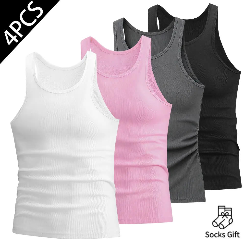 Men's Stretch Cotton Rib Casual Vests (4pcs: White+Pink+Gray+Black), Slim-Fit High-Elasticity Menswear Undershirts, Breathable Sleeveless Short Vests, Plain Beater Set for Daily Wear Stylish Tank Beige