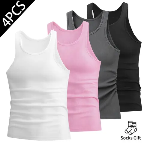 Men's Stylish Ribbed Cool Cotton Tank Tops - Menswear 4-Pack Slim Fit Breathable Sleeveless A-Shirts, 4-Color Set 4pcs:White+Pink+Gray+Black, Machine Washable, Clean Casual Style Basics Elevator