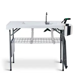 Portable Folding Fish Cleaning Table with Dual Sink Faucet Sprayer 42.5 Inch Outdoor Camping Station for Picnic Fishing Gear Grid Rack Hose Hook Up