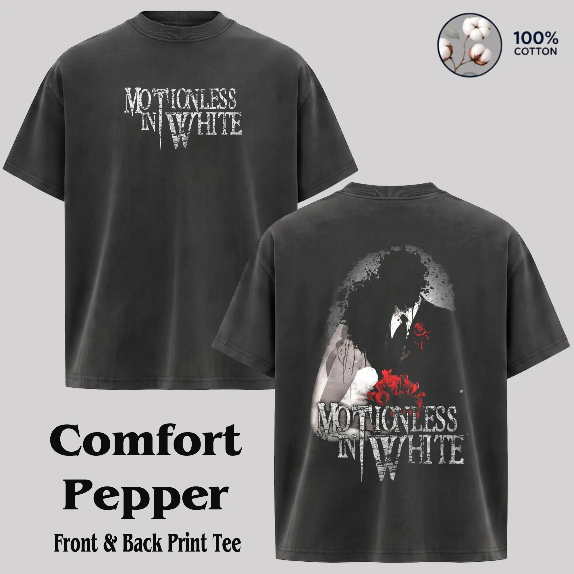 Motionless In White Band Washde Tee - Casual Top, Alternative Band Merch, 90s Grunge Aesthetic Vintage Graphic Tshirt, Trending Love Clothes Menswear Streetwear, Relaxed Fit, Shortsleeve, Breathable, Fabric, T-Shirt, Soft, Print, Hoodie, Fashion Apparel,,