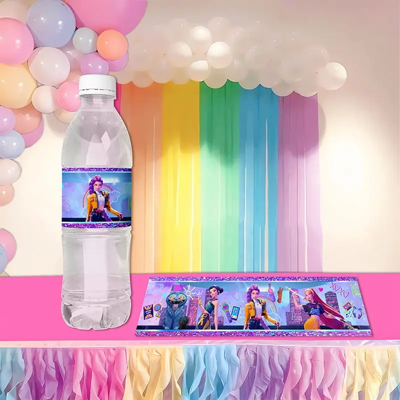 6pcs Pop Star Style Water Bottle Labels, Disposable Cartoon Print Bottle Wraps, Sticky Labels, Kids Birthday Party Decorations, Themed Party Supplies